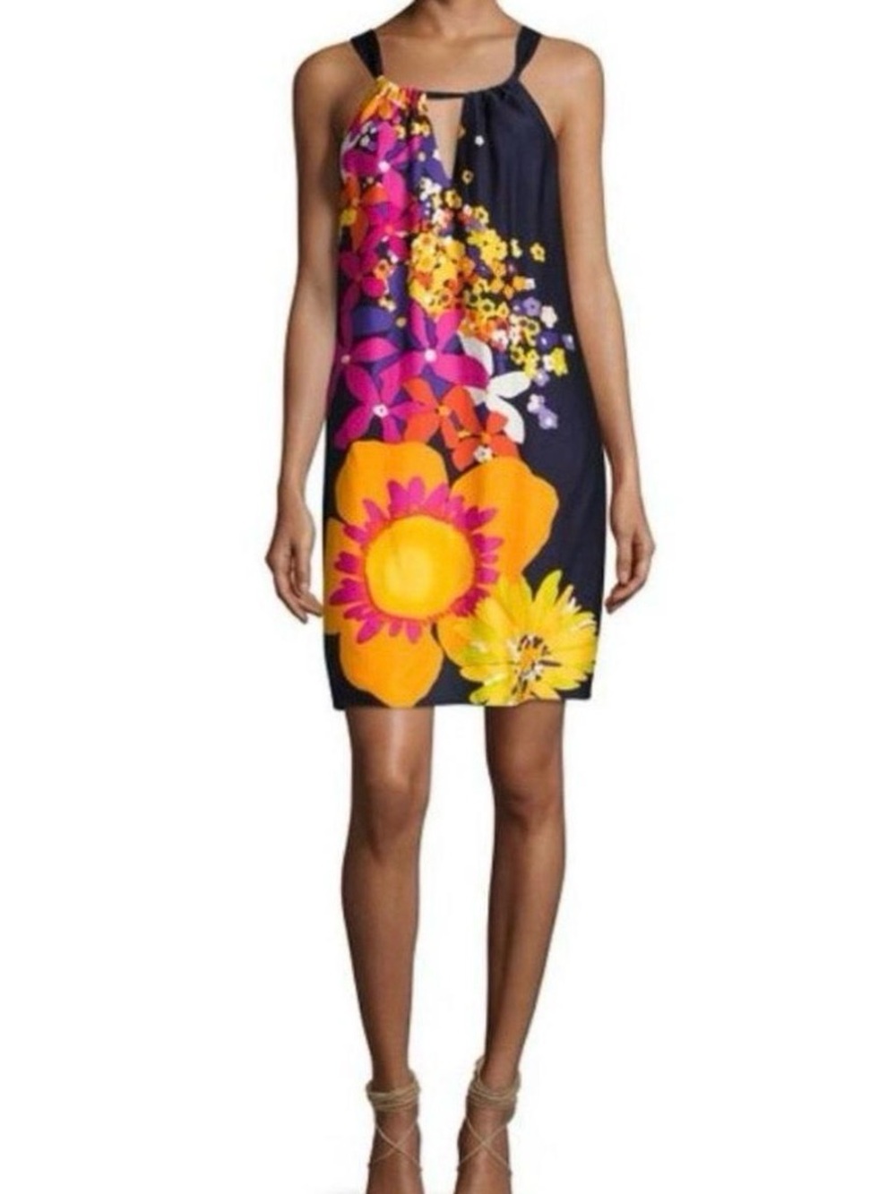 Trina Turk Navy Mini Halter Dress with Yellow & Pink Floral Print